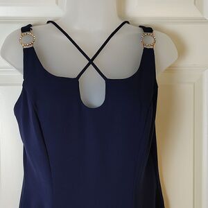 CDC Evening Special Occasion Slip Dress Navy Gold Rhinestones Strap Size 4